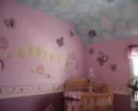 Baby Nursery, Ceiling Clouds and Decorative Painting matching Wall Paper Border